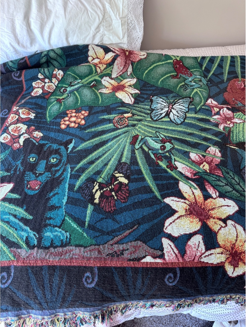 RARE 1990s Dan Gilbert Blue Jungle Tapestry Throw Blanket Wall Hanging Panther